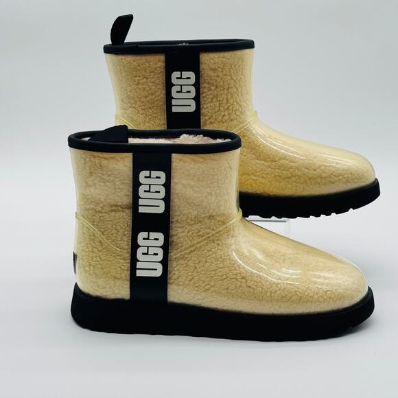 UGG WOMEN'S CLASSIC CLEAR MINI NATURAL BLACK BOOT FAUX FUR WOOL LINED SIZE 9 - Picture 1 of 11
